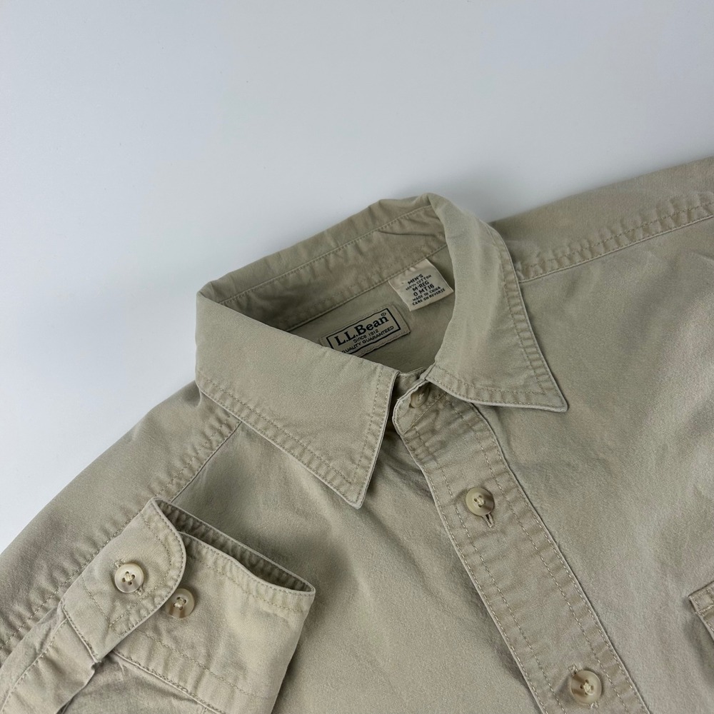LL Bean Mens M Safari Tan Utility Canvas Long Sleeve Double Pocket Work Shirt
